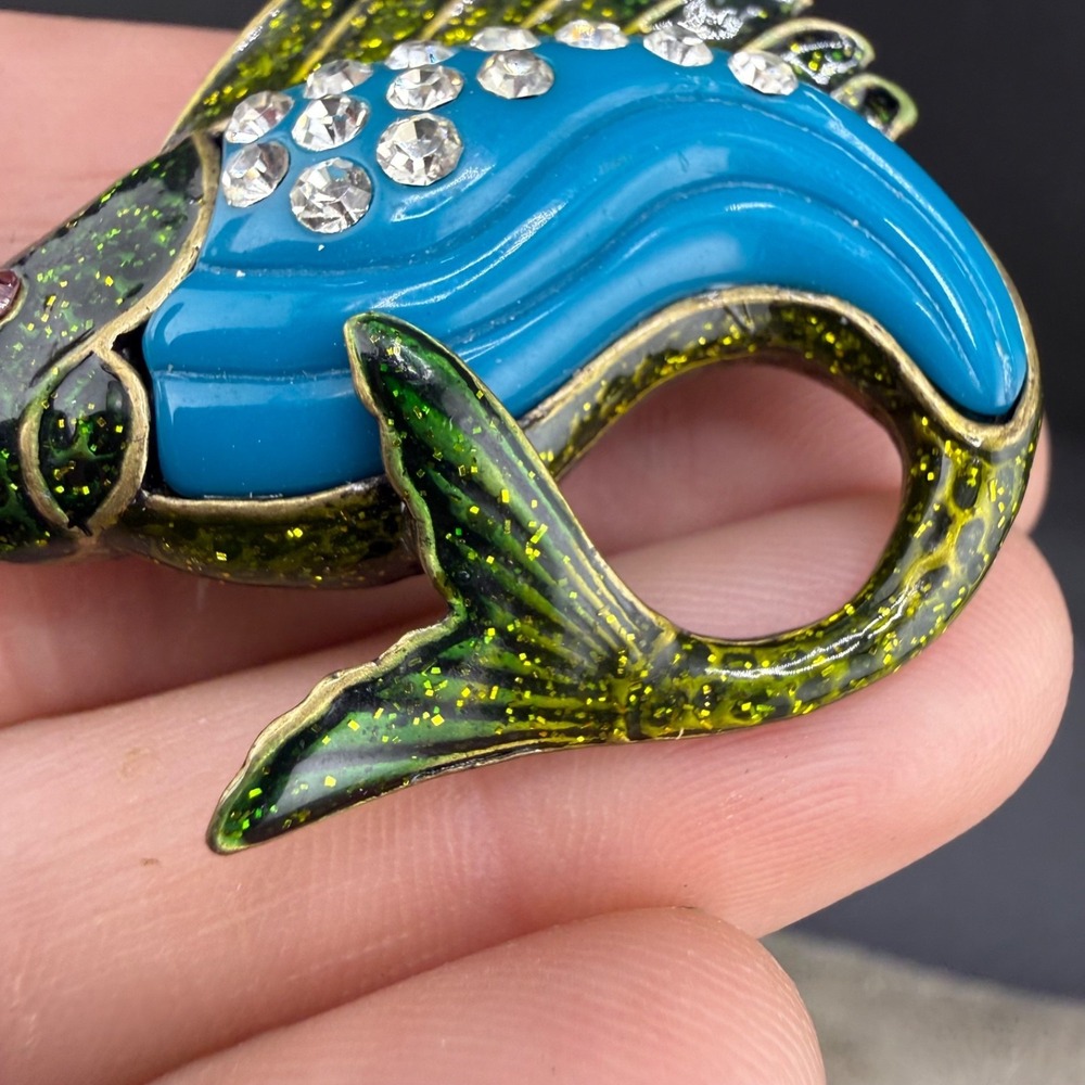 Vintage Fish Brooch Gold Tone Enamel Rhinestone Blue‎ Green - Picture 7 of 11